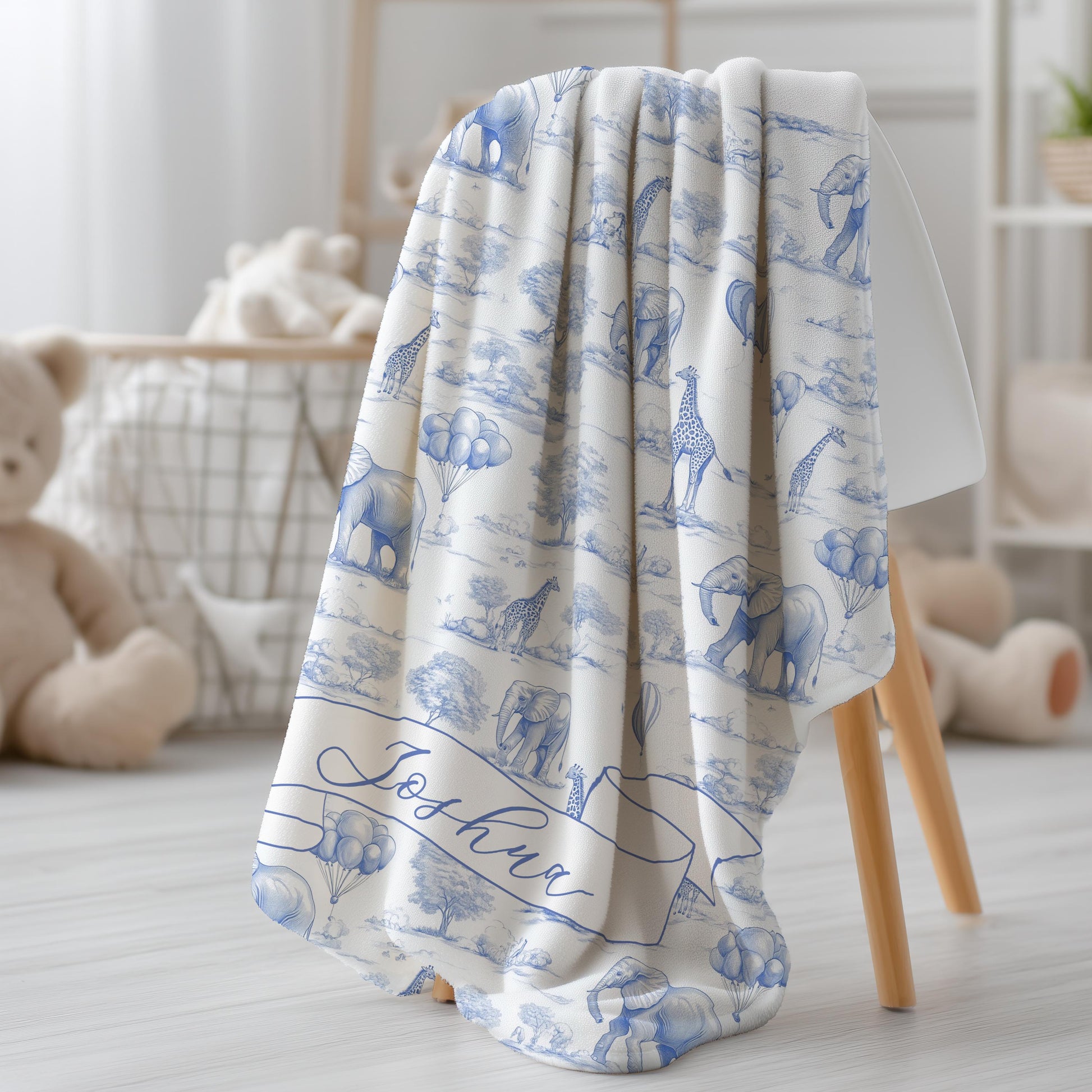 Personalized Blue Toile Safari Blanket: Chinoiserie Blue Nursery Decor, Boy Baby Shower Gift, 1st Birthday Gift Idea with Name - LAUMIANstudio