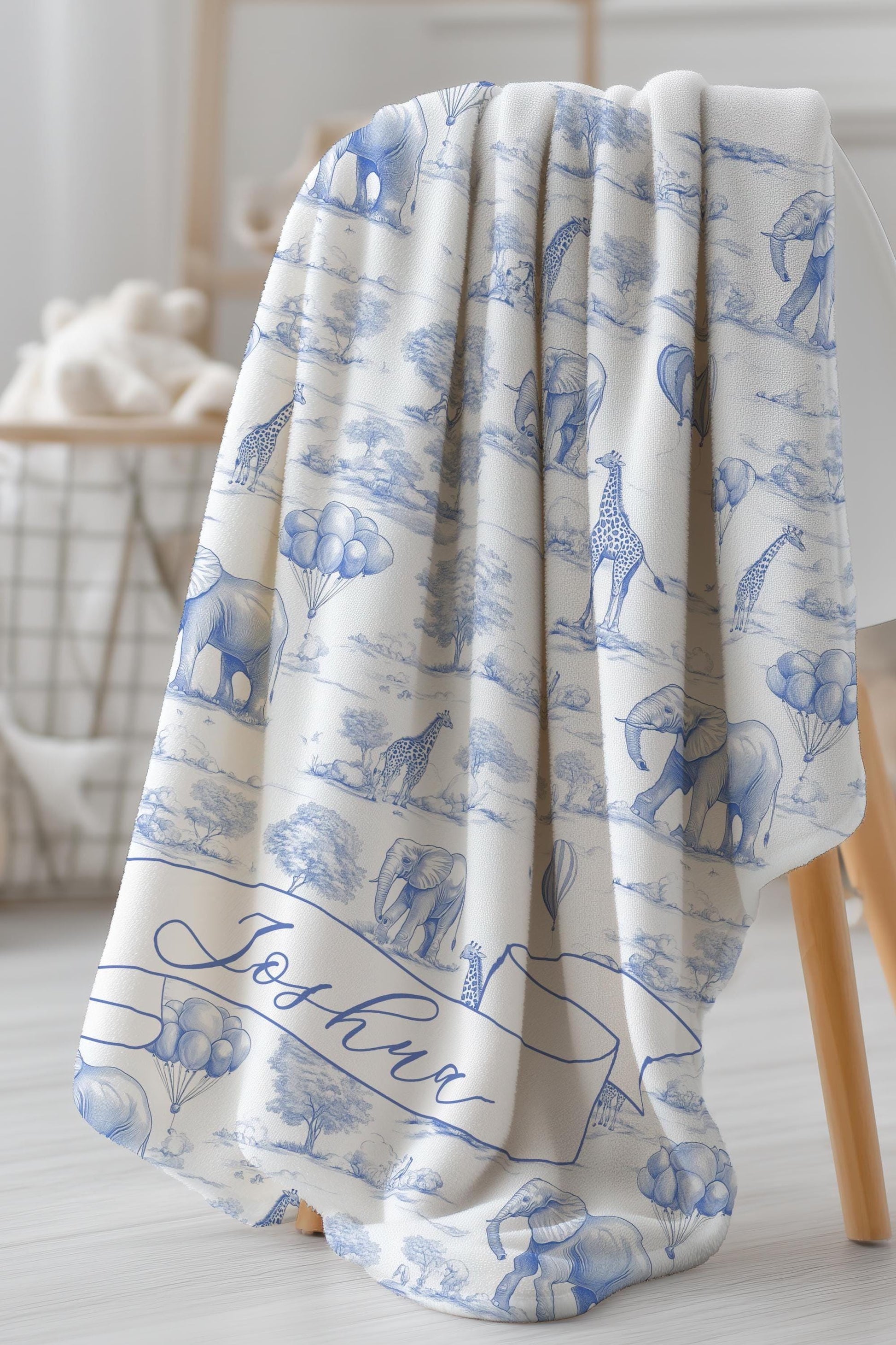 Personalized Blue Toile Safari Blanket: Chinoiserie Blue Nursery Decor, Boy Baby Shower Gift, 1st Birthday Gift Idea with Name - LAUMIANstudio