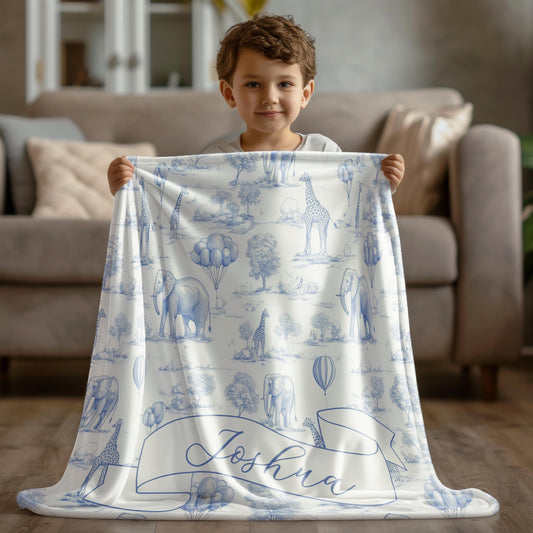 Personalized Safari Toile Blanket Safari Baby Shower Gift Sage Green Animal Nursery Decor Custom Name Toddler Blanket 1st Birthday Gift Boy - LAUMIANstudio