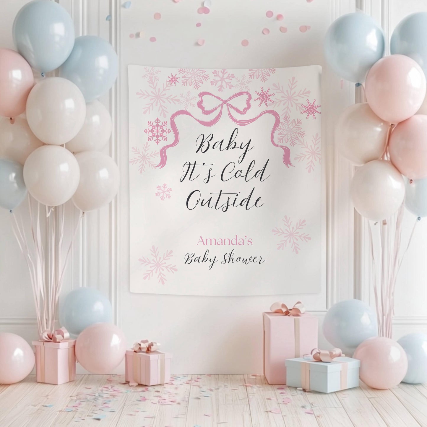 Baby Its Cold Outside Banner Pink Snowflake Baby Shower Backdrop Winter Baby Girl Shower Welcome Sign Outside Pink Bow Party Decor - LAUMIANstudio