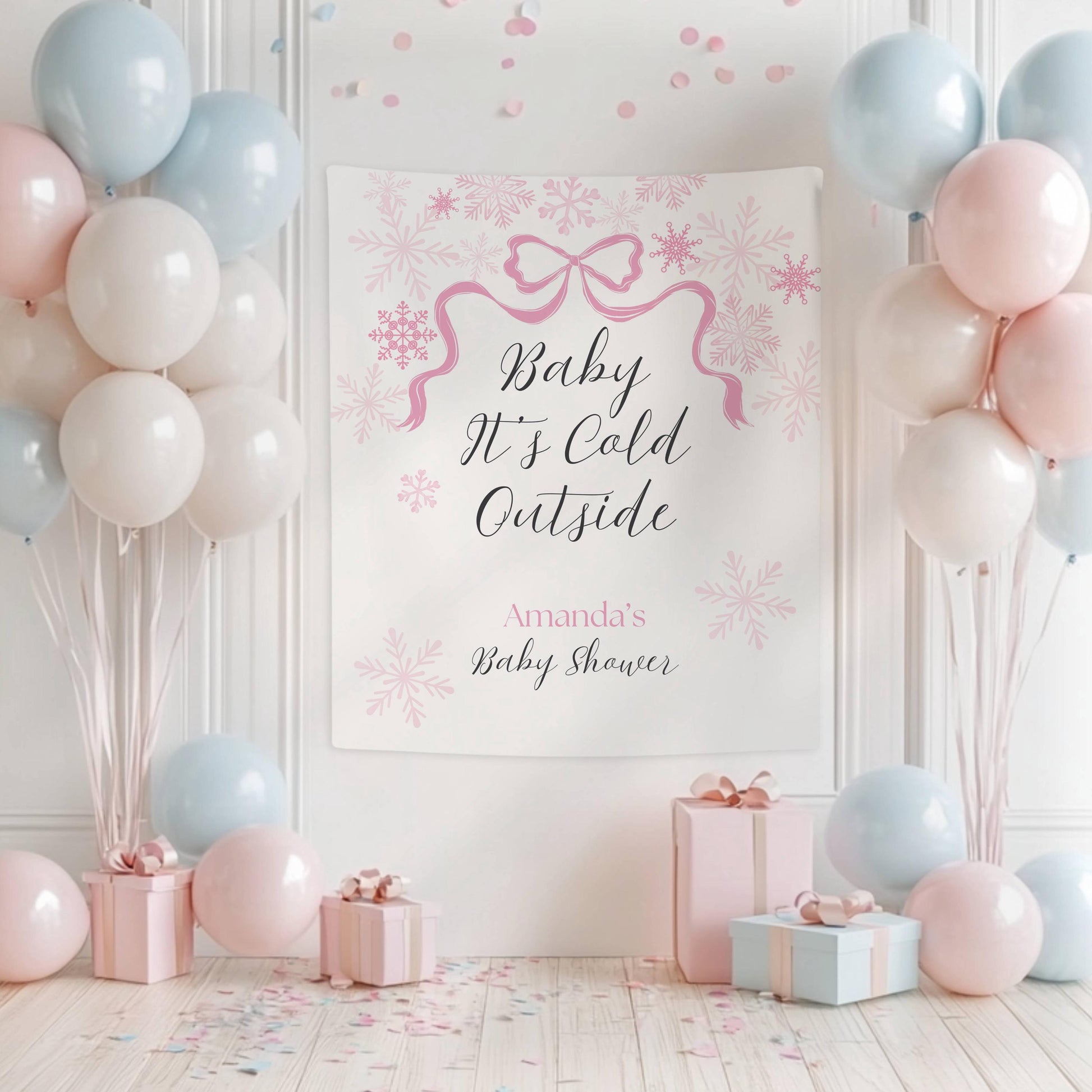 Baby Its Cold Outside Banner Pink Snowflake Baby Shower Backdrop Winter Baby Girl Shower Welcome Sign Outside Pink Bow Party Decor - LAUMIANstudio