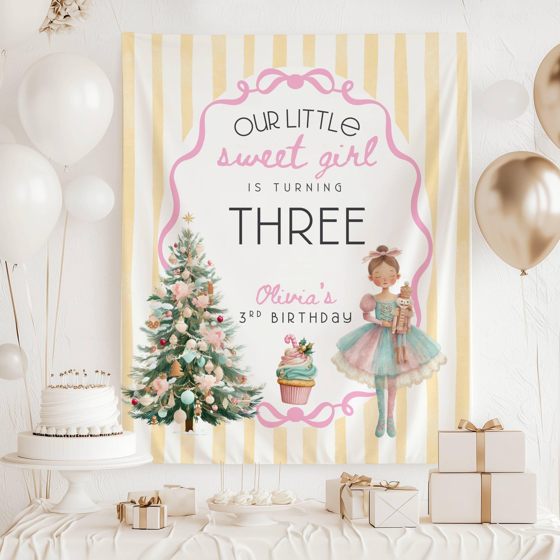 Winter 1st Birthday Banner Baby Girl is Turning One Backdrop Winter Ballerina Birthday Party Decor Nutcracker Ballet Banner Little Sugarplum - LAUMIANstudio