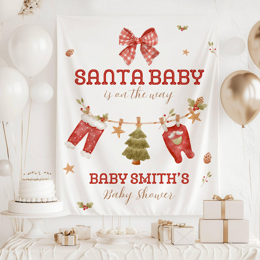 Santa Baby Shower Banner Personalized Christmas Baby Sprinkle Backdrop Merry Little Baby Shower Welcome Sign Santa Clothesline Baby Shower - LAUMIANstudio