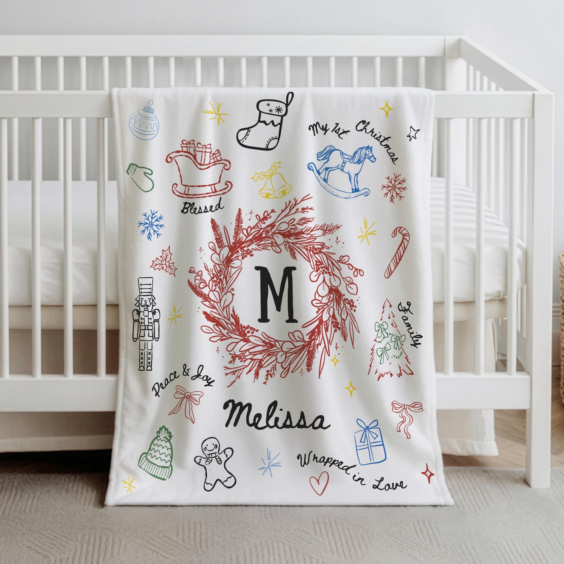 Personalized Christmas Baby Soft Blanket Line Art Graphic Baby Name Holiday Blanket for Newborn 1st Christmas Keepsake from Grandma - LAUMIANstudio