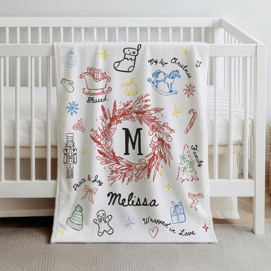 Personalized Christmas Baby Soft Blanket Line Art Graphic Baby Name Holiday Blanket for Newborn 1st Christmas Keepsake from Grandma - LAUMIANstudio