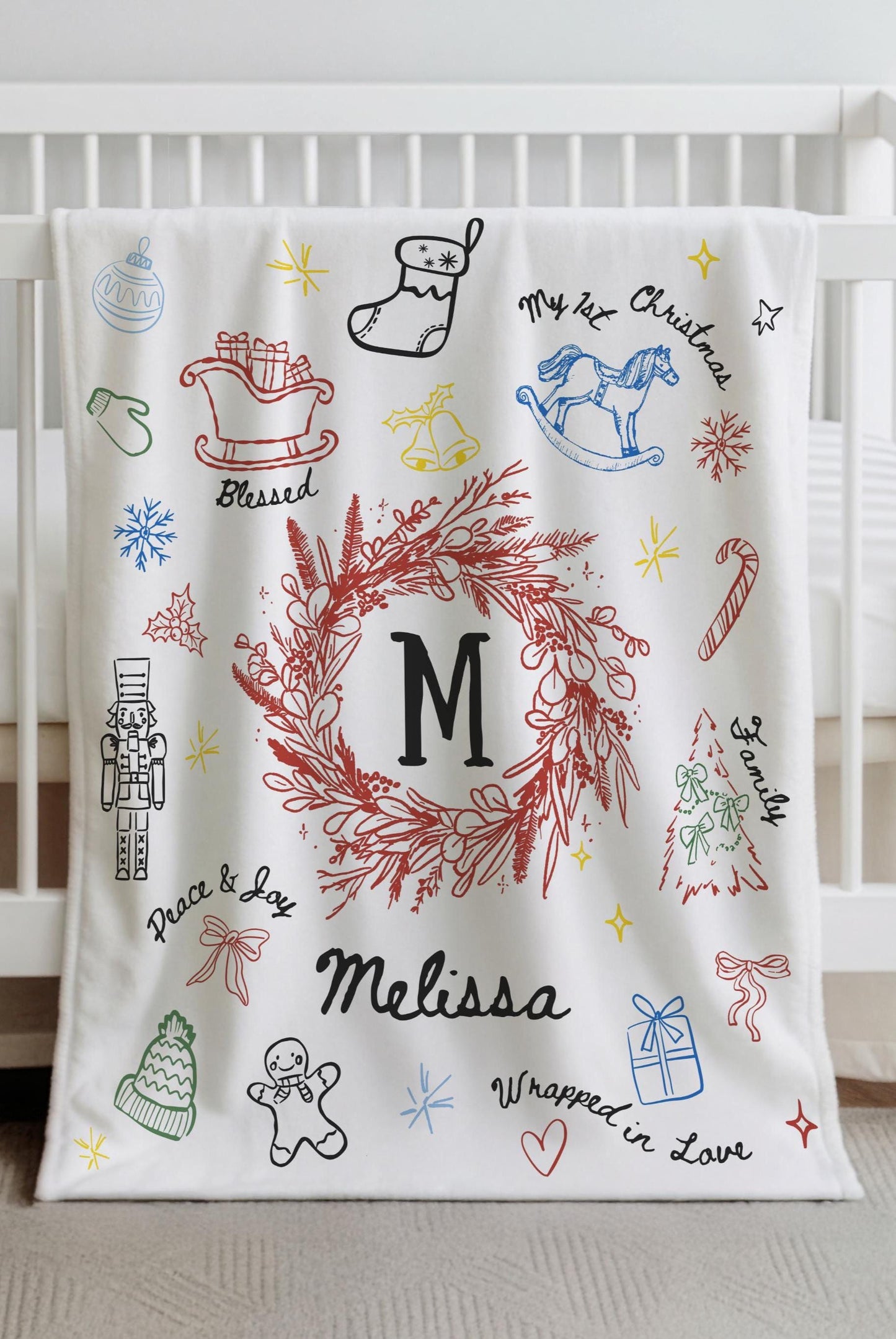 Personalized Christmas Baby Soft Blanket Line Art Graphic Baby Name Holiday Blanket for Newborn 1st Christmas Keepsake from Grandma - LAUMIANstudio