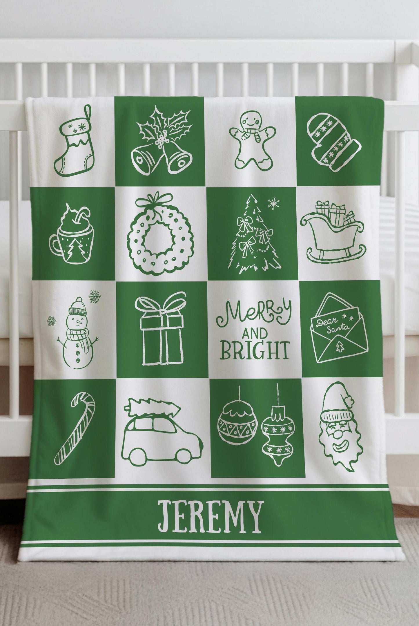 Green Christmas Name Blanket for Kid Holiday Blanket Gift for Grandson Festive Green Checkered Soft Throw Blanket Festive Kids Room Decor - LAUMIANstudio