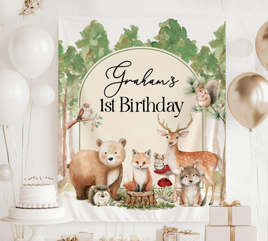 Woodland Baby Shower Banner Personalized Forest Baby Sprinkle Wall Tapestry Woodland Animals Shower Decor - LAUMIANstudio