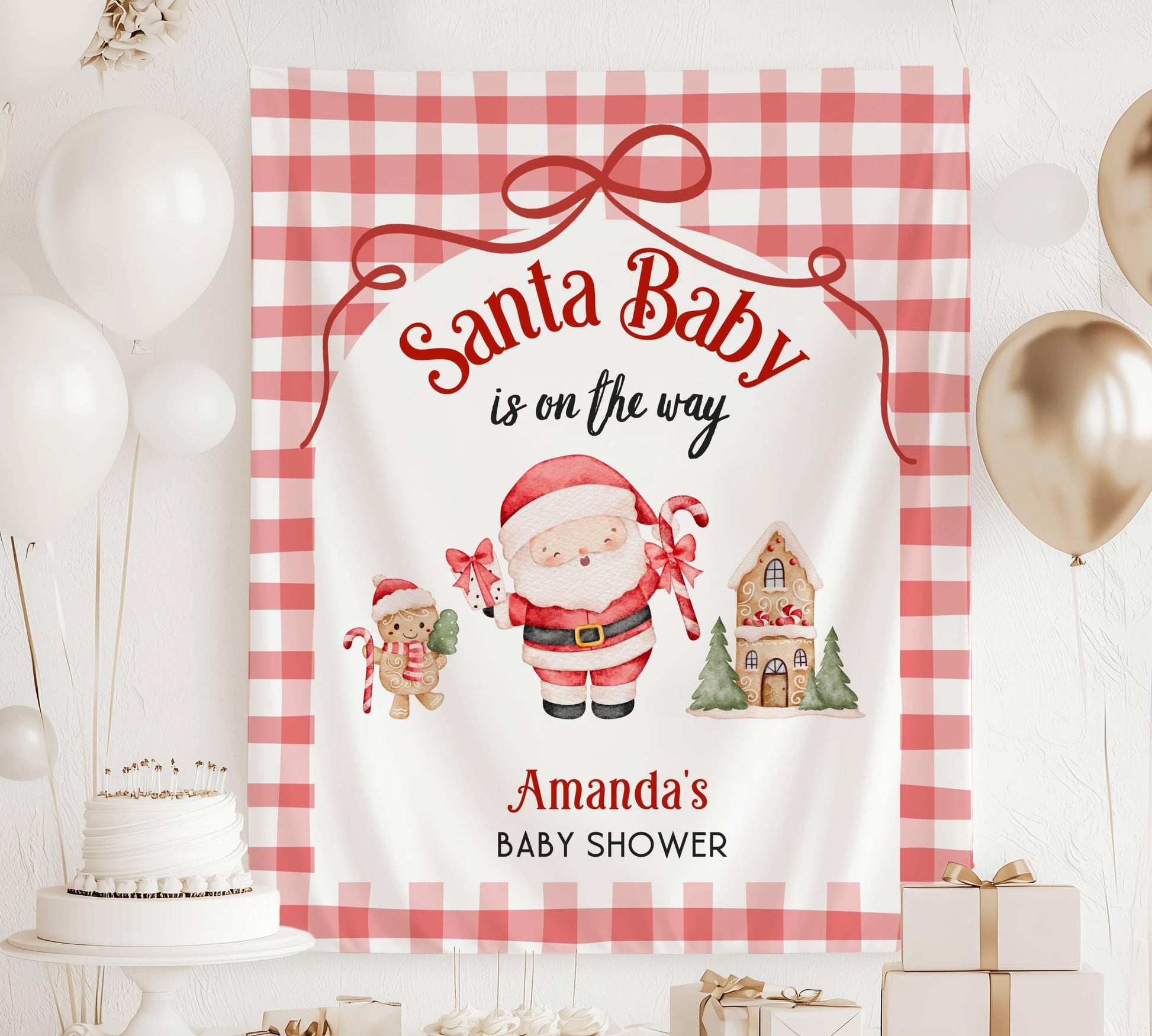 Personalized Santa Baby is on the Way Banner Santa Claus Baby Shower Backdrop Holiday Baby Shower Decor Winter Baby Shower Wall Tapestry - LAUMIANstudio
