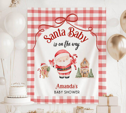 Personalized Santa Baby is on the Way Banner Santa Claus Baby Shower Backdrop Holiday Baby Shower Decor Winter Baby Shower Wall Tapestry - LAUMIANstudio