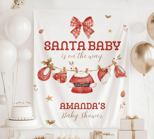 Santa Baby Shower Banner Personalized Christmas Baby Sprinkle Backdrop Merry Little Baby Shower Welcome Sign Santa Clothesline Baby Shower - LAUMIANstudio
