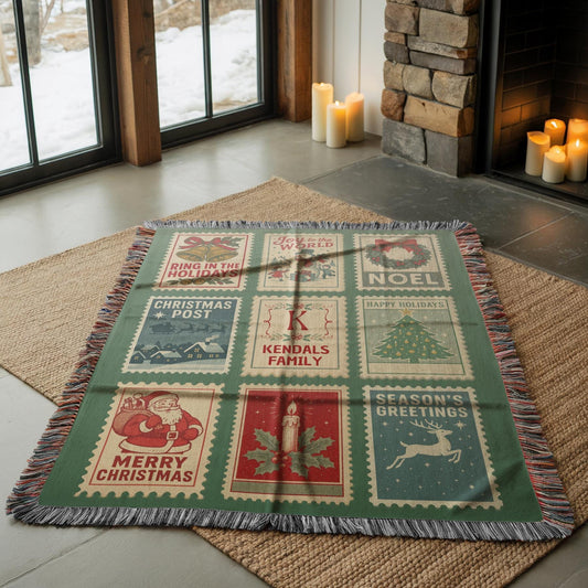 Personalized Christmas Family Blanket with Stamp Holiday Woven Blanket Rustic Farmhouse Cotton Blanket Vintage Last Name Throw Blanket - LAUMIANstudio