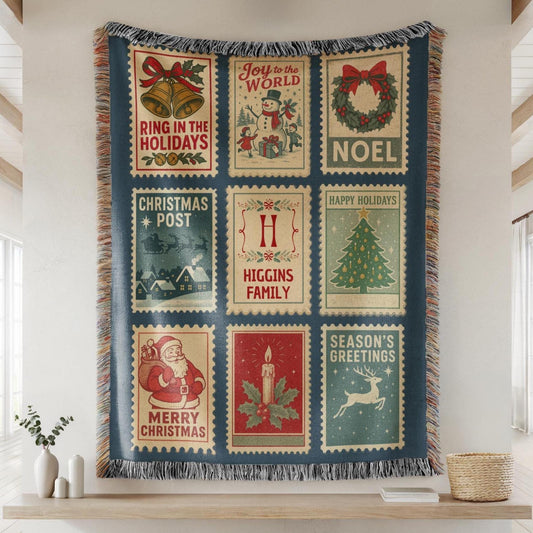 Personalized Christmas Family Blanket with Stamp Holiday Woven Blanket Rustic Farmhouse Cotton Blanket Vintage Last Name Throw Blanket - LAUMIANstudio