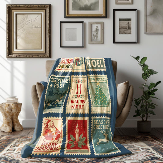 Christmas Vintage Stamp Blanket: Velveteen Plush, Sherpa or Woven - LAUMIANstudio