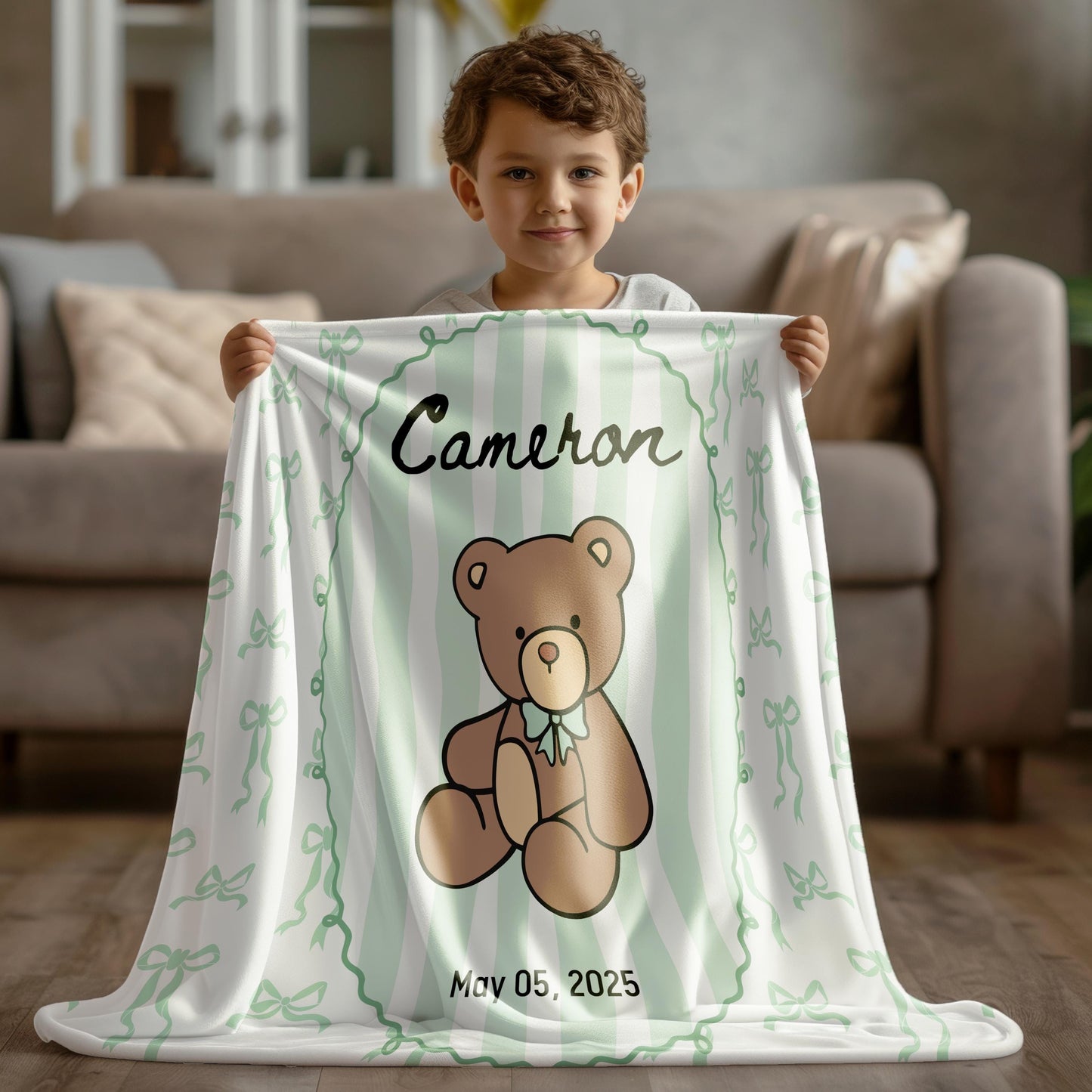 Soft Green Teddy Baby Blanket Custom Baby Bear Minky Blanket Personalized Teddy Sherpa Blanket Baby Boy 1st Birthday Gift Teddy Baby Bedding - LAUMIANstudio