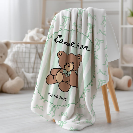 Soft Green Teddy Baby Blanket Custom Baby Bear Minky Blanket Personalized Teddy Sherpa Blanket Baby Boy 1st Birthday Gift Teddy Baby Bedding - LAUMIANstudio