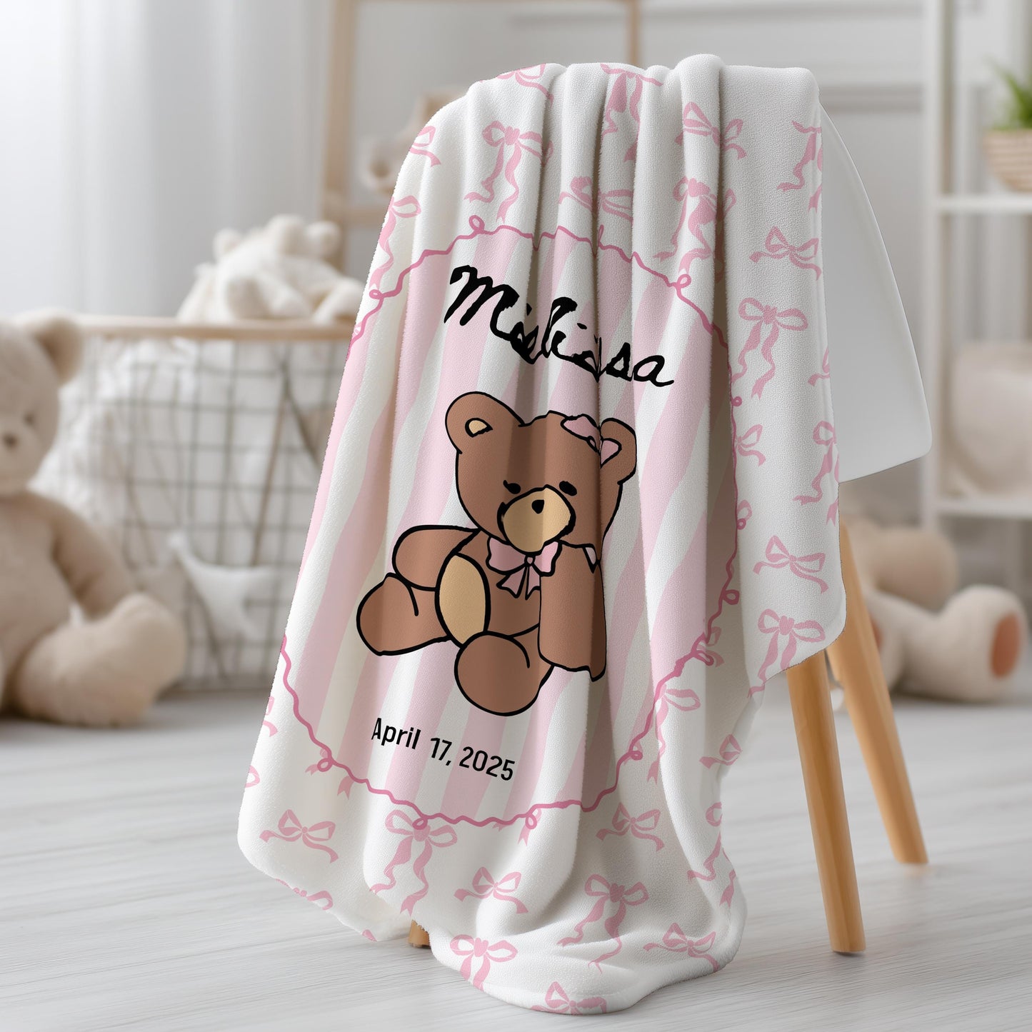 Personalized Teddy Baby Girl Blanket Soft Pink Bear Baby Blanket Pink Bow Teddy Bear Nursery Decor Girl Baby Shower Gift Basket Filler - LAUMIANstudio