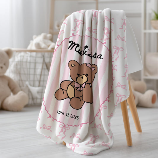 Personalized Teddy Baby Girl Blanket Soft Pink Bear Baby Blanket Pink Bow Teddy Bear Nursery Decor Girl Baby Shower Gift Basket Filler - LAUMIANstudio