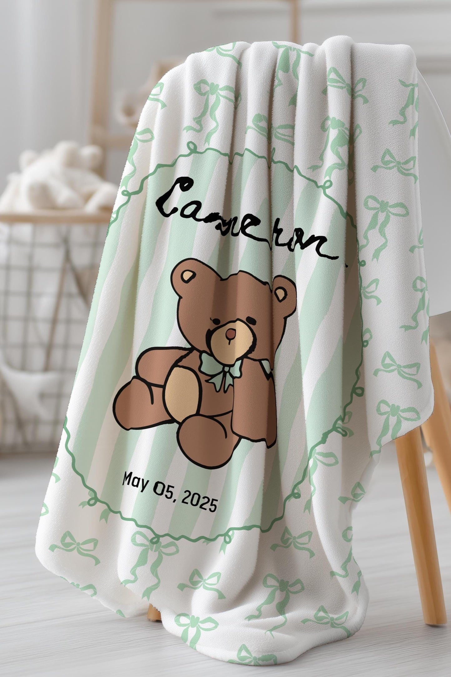 Soft Green Teddy Baby Blanket Custom Baby Bear Minky Blanket Personalized Teddy Sherpa Blanket Baby Boy 1st Birthday Gift Teddy Baby Bedding - LAUMIANstudio