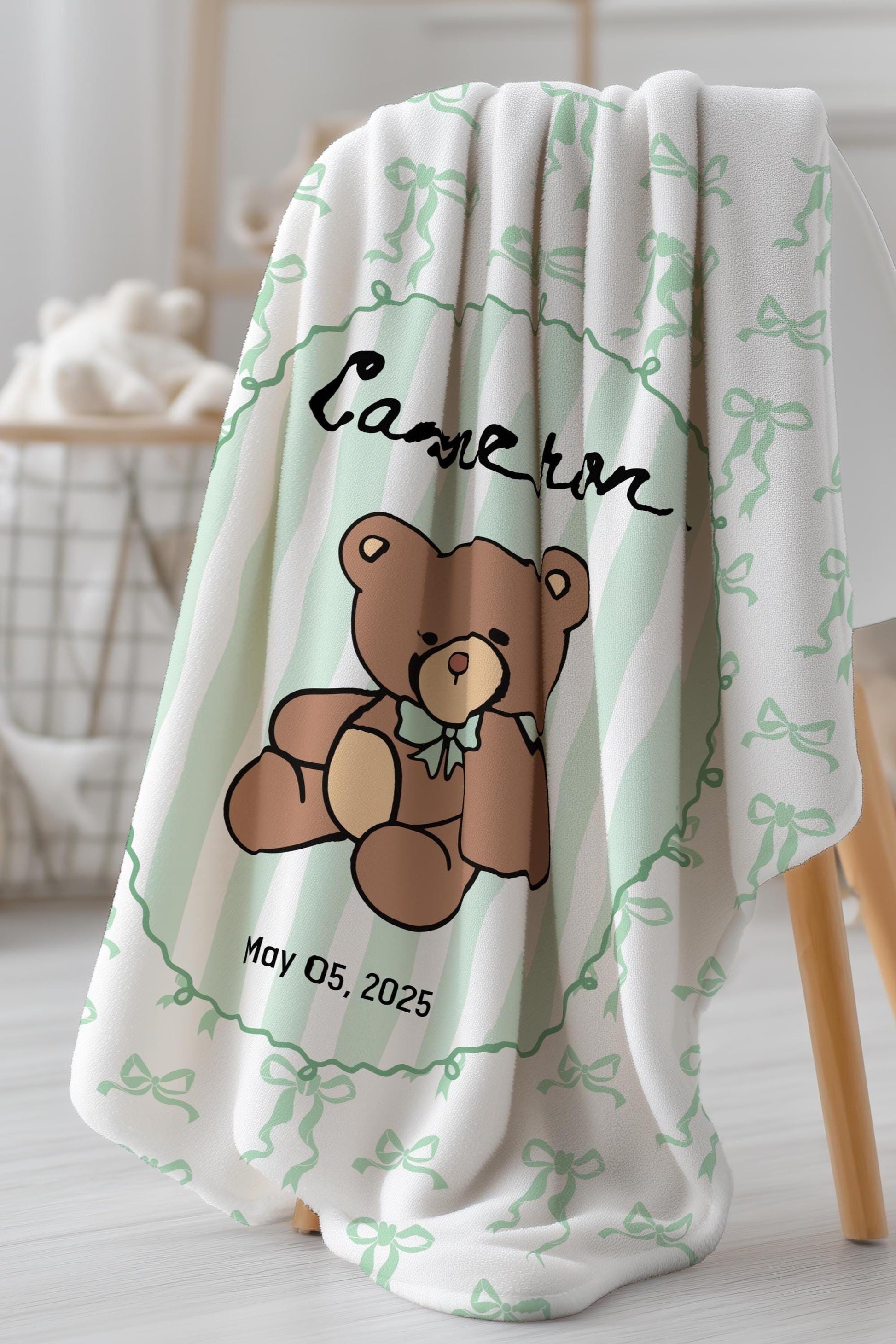 Soft Green Teddy Baby Blanket Custom Baby Bear Minky Blanket Personalized Teddy Sherpa Blanket Baby Boy 1st Birthday Gift Teddy Baby Bedding - LAUMIANstudio