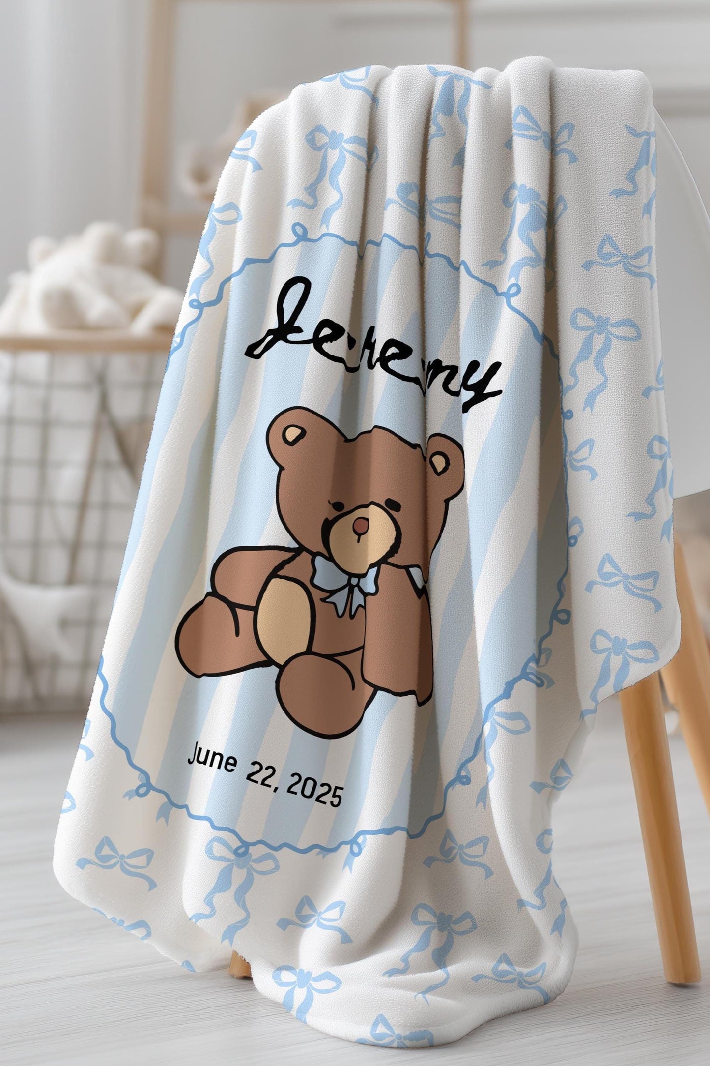 Teddy Bear Baby Blanket Blue Personalized Baby Shower Gift We Can Bearly Wait Shower Blanket Teddy Bear Nursery Decor Bear Crib Throw Name - LAUMIANstudio