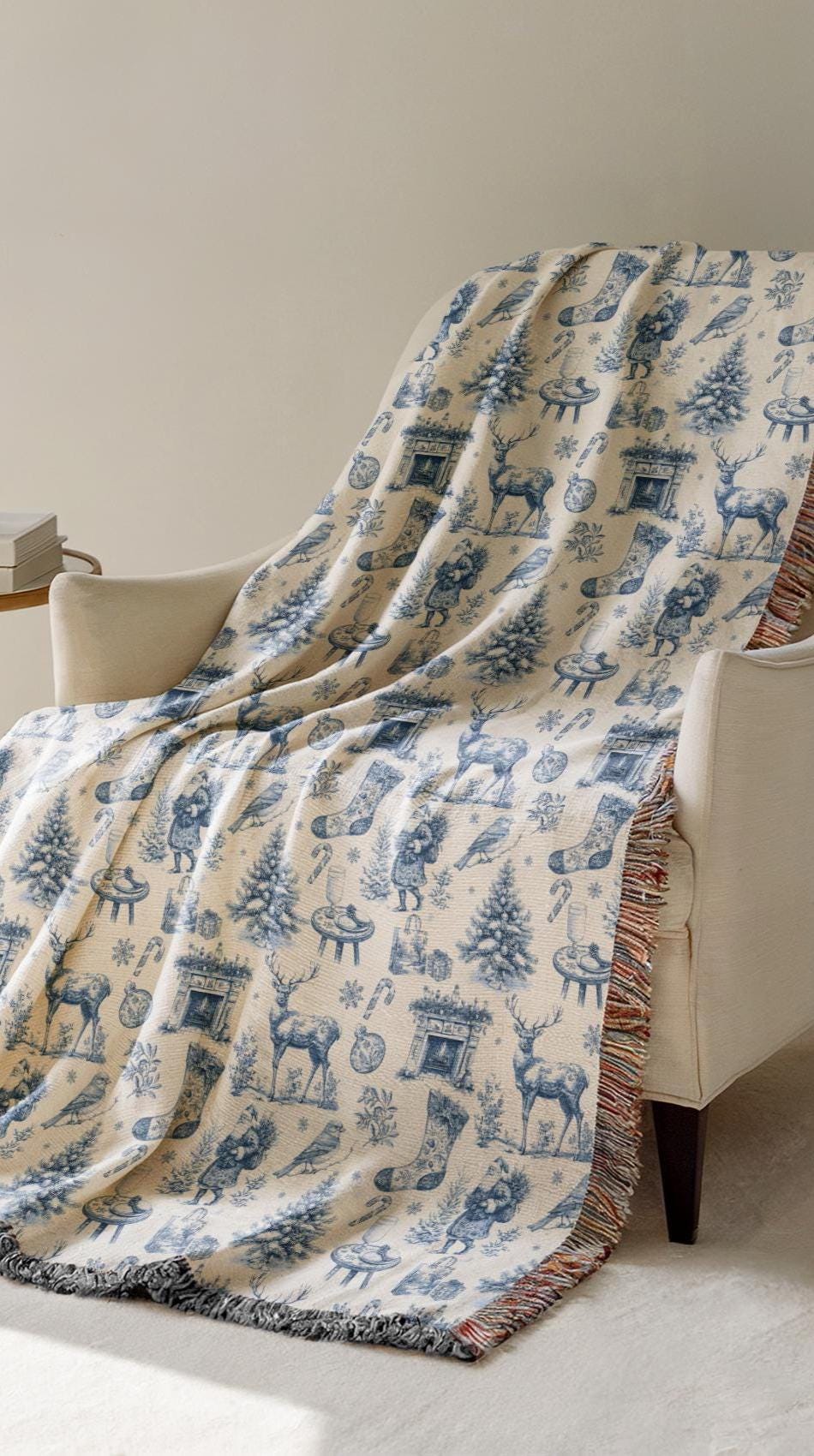 Vintage Christmas Woven Blanket Blue Toile Deer Holiday Woven Blanket Elegant Toile de Jouy Throw Blanket Festive Blue Home Decoration - LAUMIANstudio