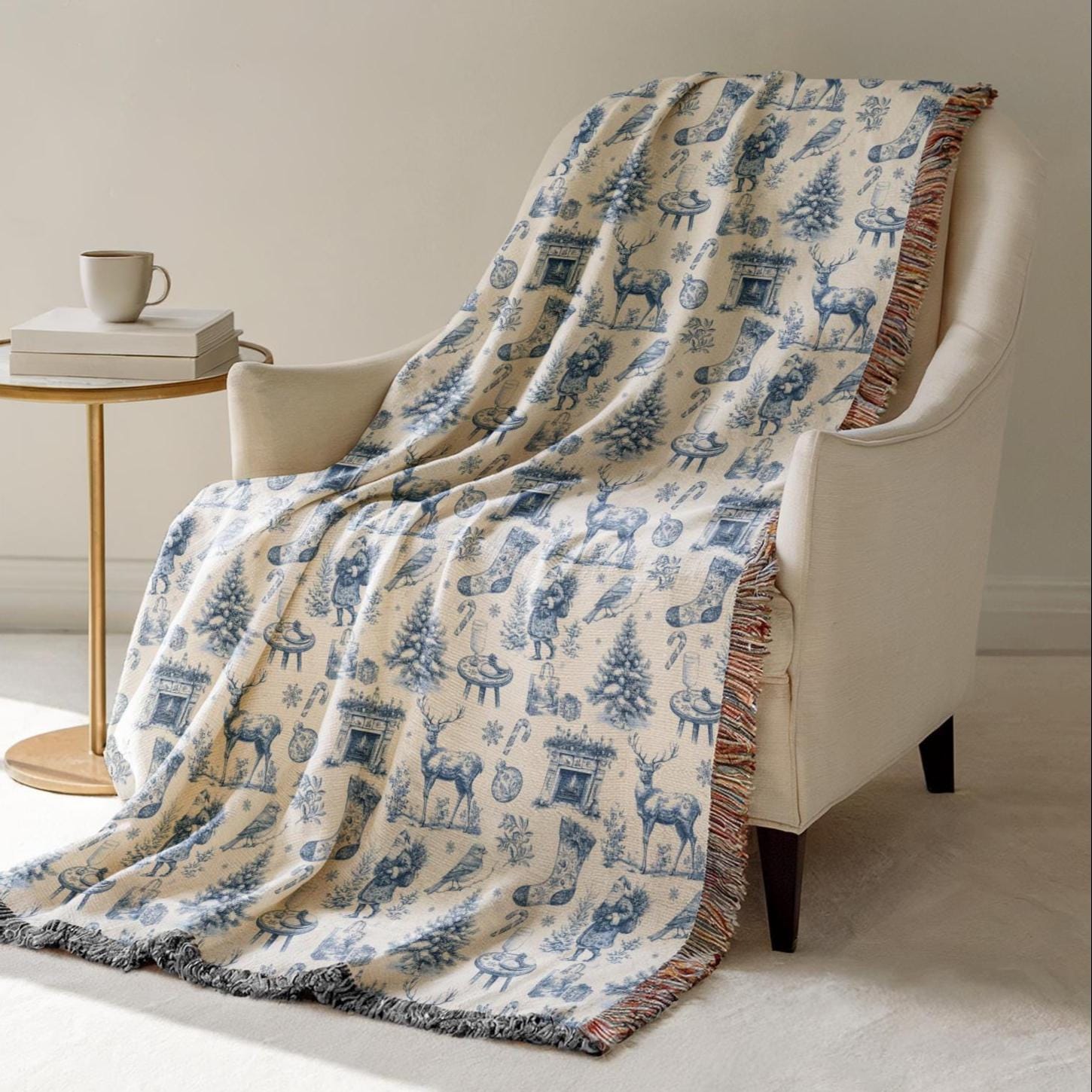 Vintage Christmas Woven Blanket Blue Toile Deer Holiday Woven Blanket Elegant Toile de Jouy Throw Blanket Festive Blue Home Decoration - LAUMIANstudio