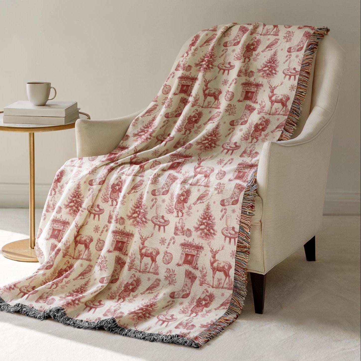 Red Toile Christmas Woven Blanket Elegant Toile de Jouy Festive Home Decoration Holiday French Country Blanket Chinoiserie Santa Red Blanket - LAUMIANstudio