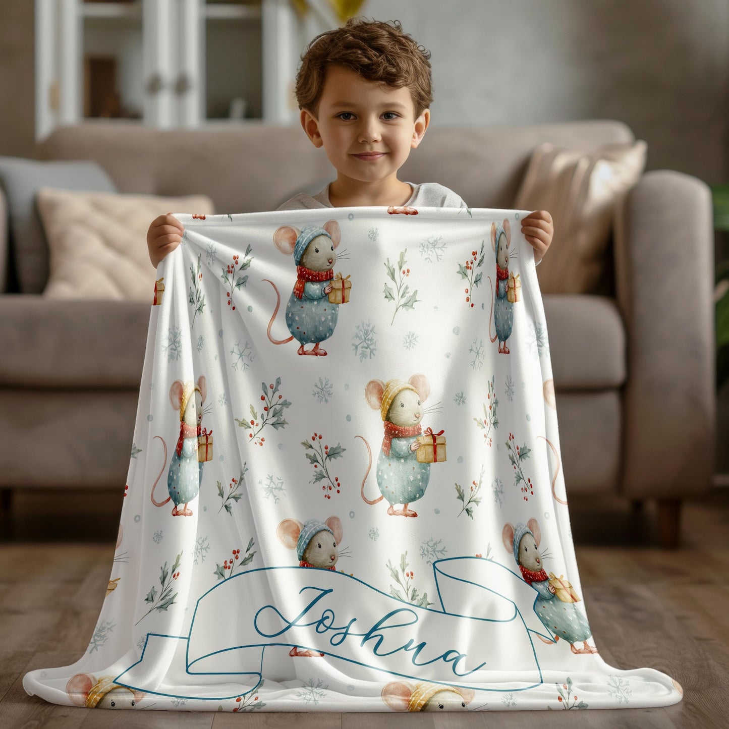 Personalized Christmas Mouse Baby Blanket: Custom Name, Boy or Girl Christmas Gift, Velveteen Plush Blanket, Sherpa Blanket - LAUMIANstudio