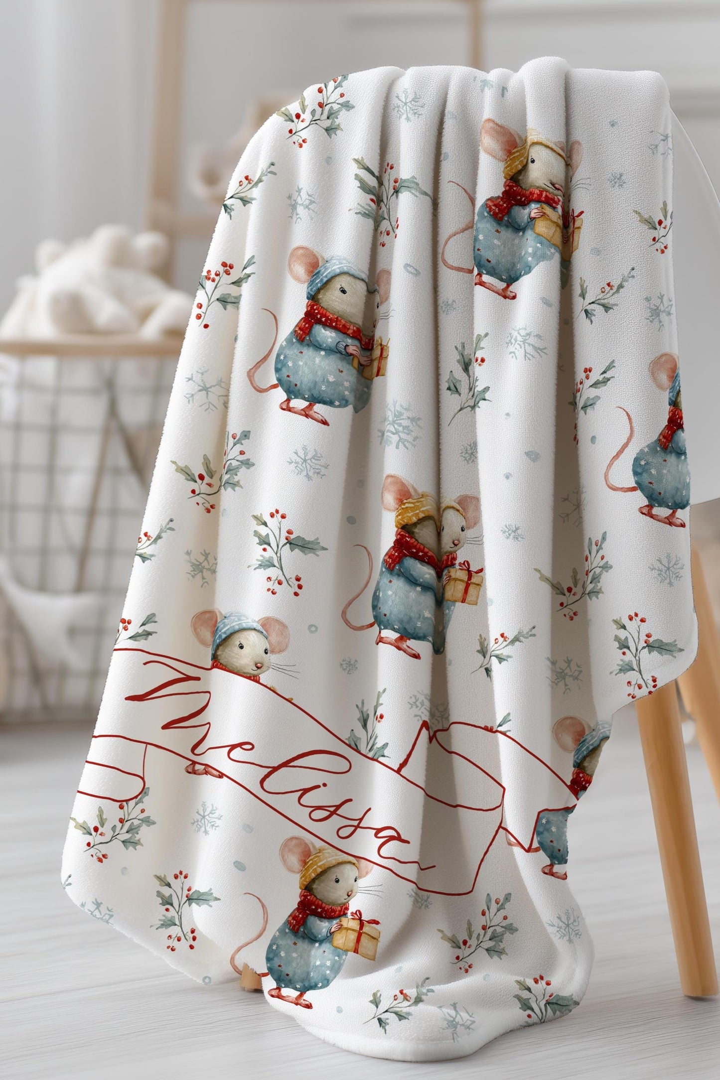 Personalized Christmas Mouse Baby Blanket: Custom Name, Boy or Girl Christmas Gift, Velveteen Plush Blanket, Sherpa Blanket - LAUMIANstudio