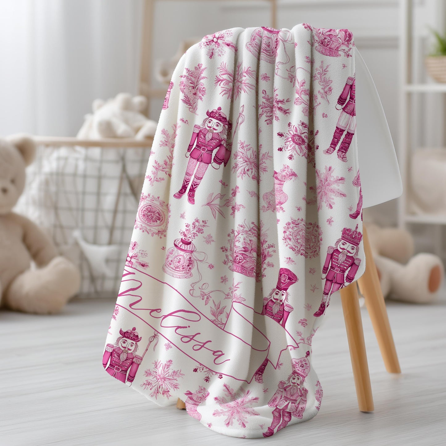 Pink Toile Nutcracker Baby Blanket Personalized Baby Girl Christmas Blanket 1st Christmas Gift for Granddaughter Custom Nutcracker Throw - LAUMIANstudio