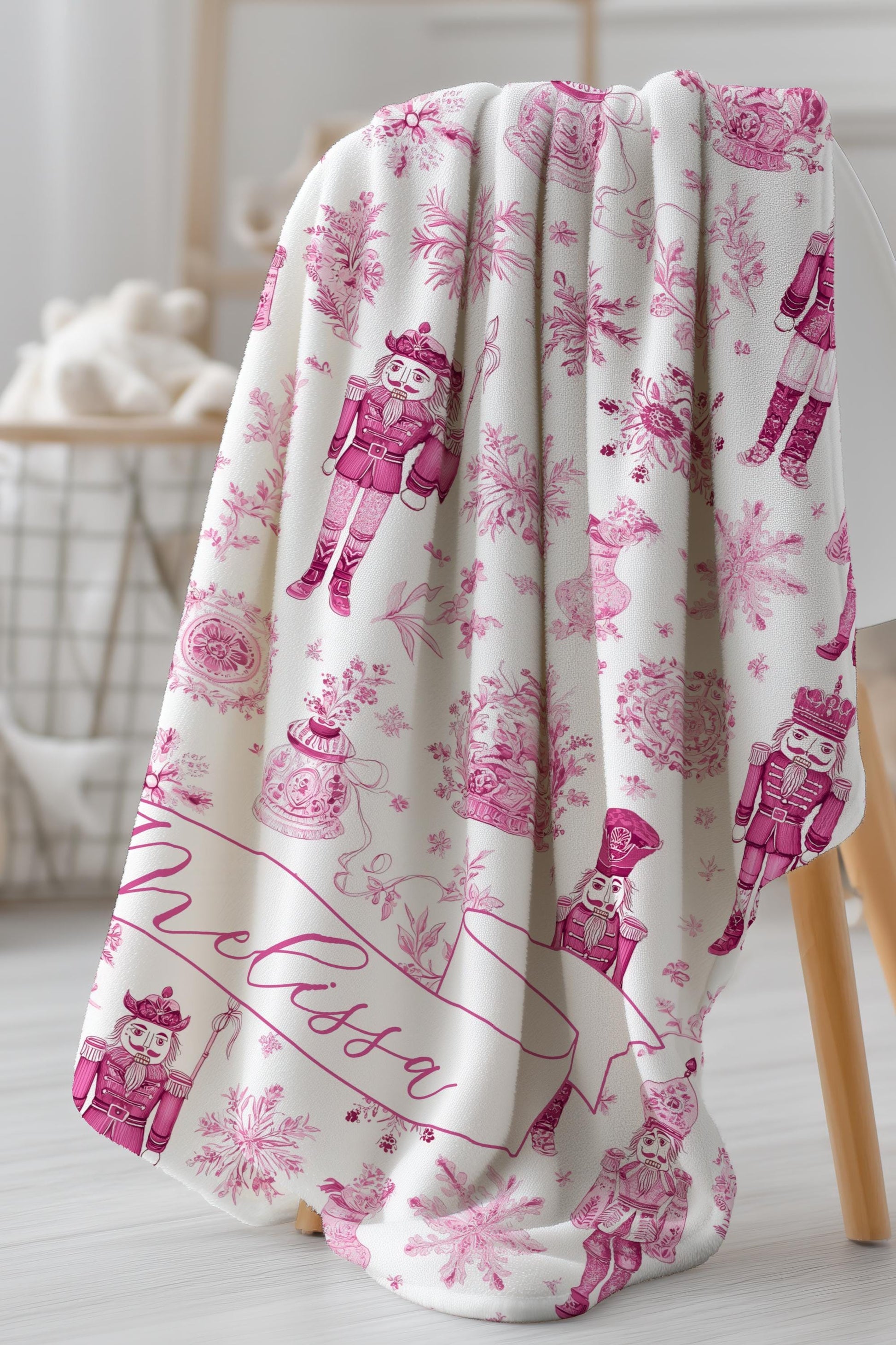 Pink Toile Nutcracker Baby Blanket Personalized Baby Girl Christmas Blanket 1st Christmas Gift for Granddaughter Custom Nutcracker Throw - LAUMIANstudio