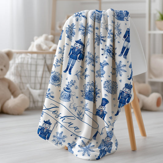 Blue Toile Nutcracker Baby Blanket Personalized Baby Boy Christmas Blanket 1st Christmas Gift for Grandson Personalized Nutcracker Blanket - LAUMIANstudio