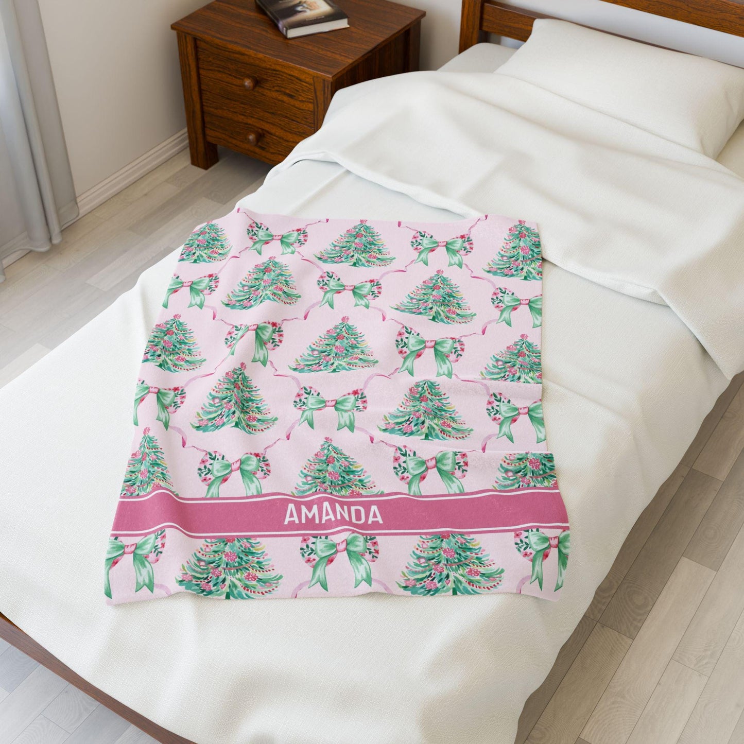 Personalized Pink Christmas Blanket for Baby Girl 1st Christmas Throw Blanket Baby Name Pink Blanket Santa Baby Girl Shower Gift Pink Bow - LAUMIANstudio