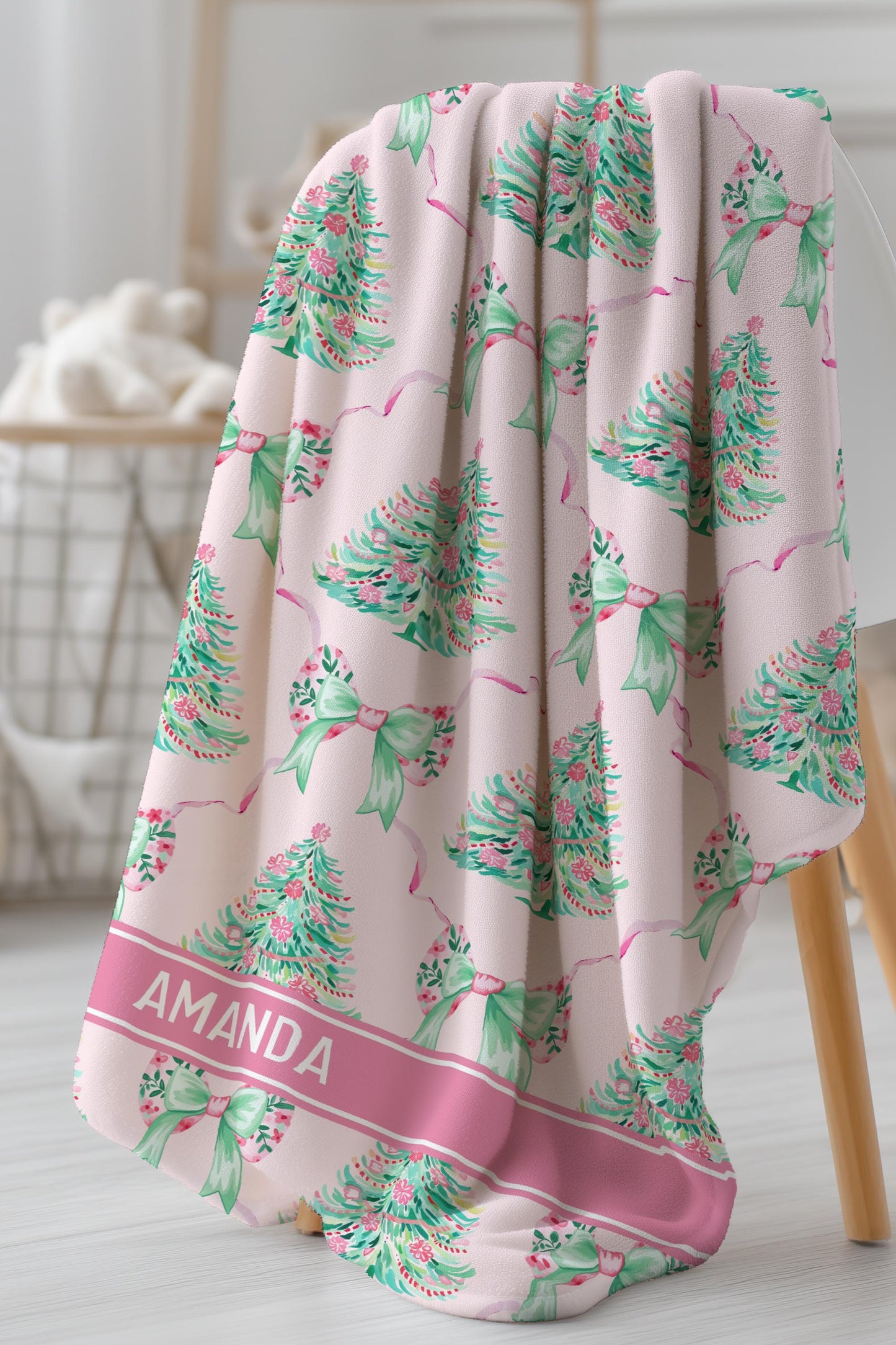 Personalized Pink Christmas Blanket for Baby Girl 1st Christmas Throw Blanket Baby Name Pink Blanket Santa Baby Girl Shower Gift Pink Bow - LAUMIANstudio