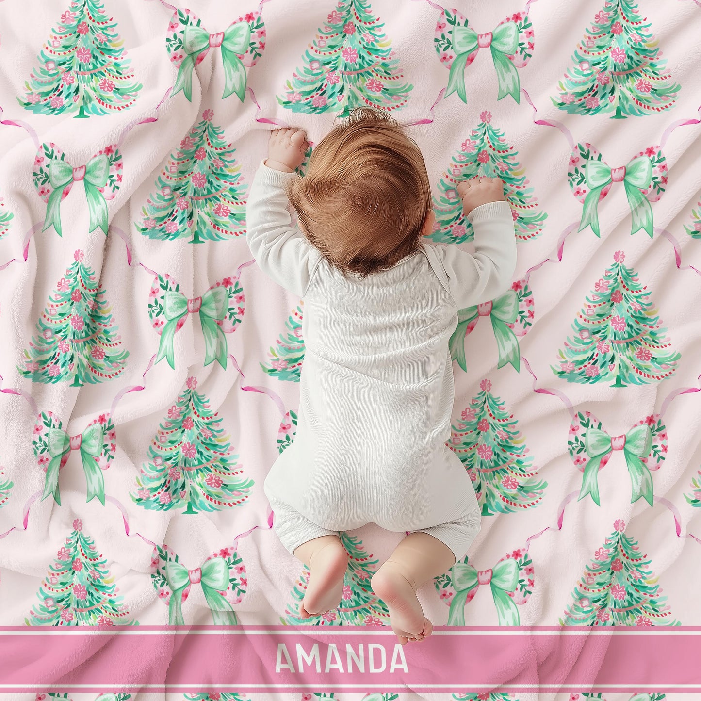Preppy Christmas Girly Blanket Holiday Mint Pink Minky Blanket Personalized Pink Festive Home Decor Preppy Bow Christmas Sherpa Blanket - LAUMIANstudio