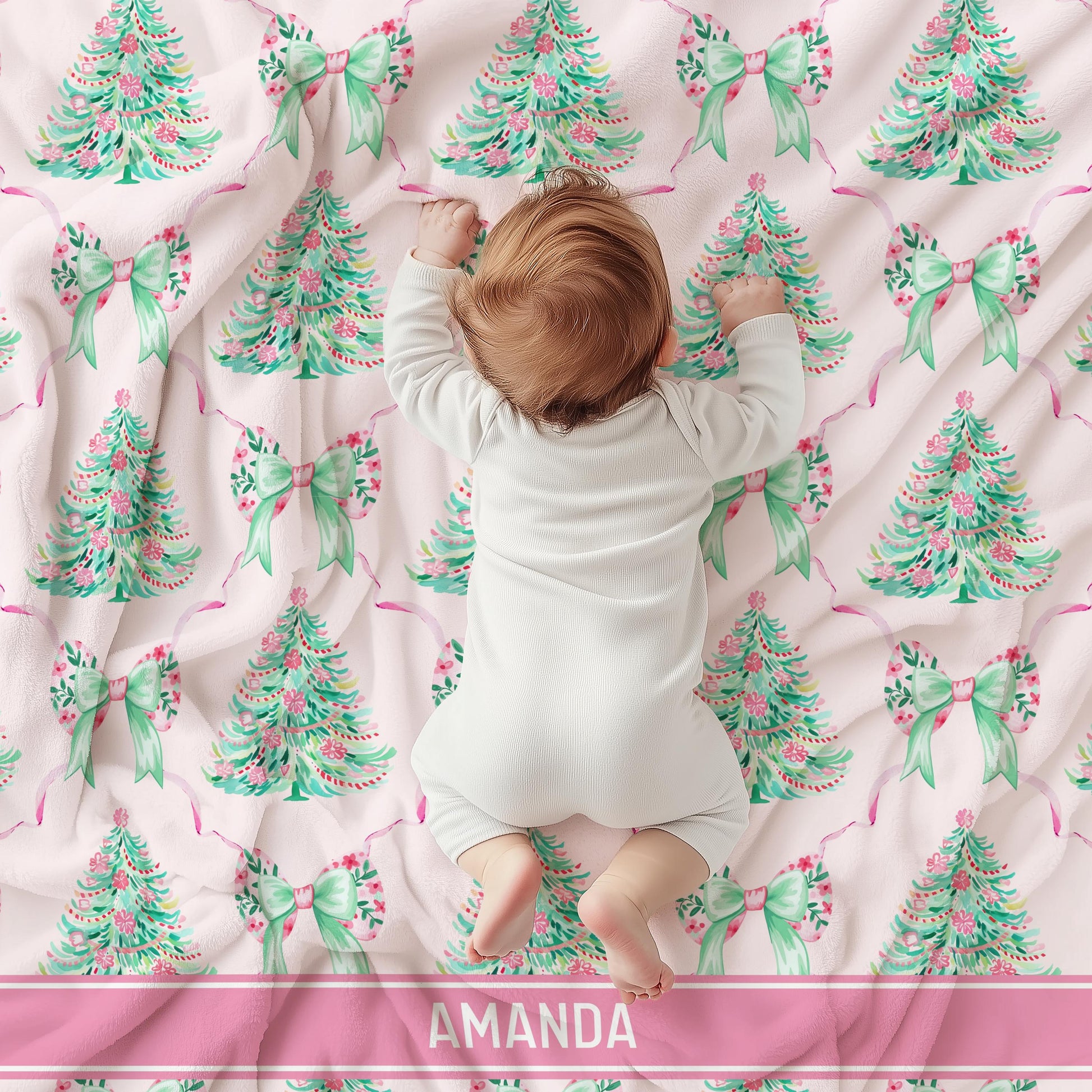 Preppy Christmas Girly Blanket Holiday Mint Pink Minky Blanket Personalized Pink Festive Home Decor Preppy Bow Christmas Sherpa Blanket - LAUMIANstudio
