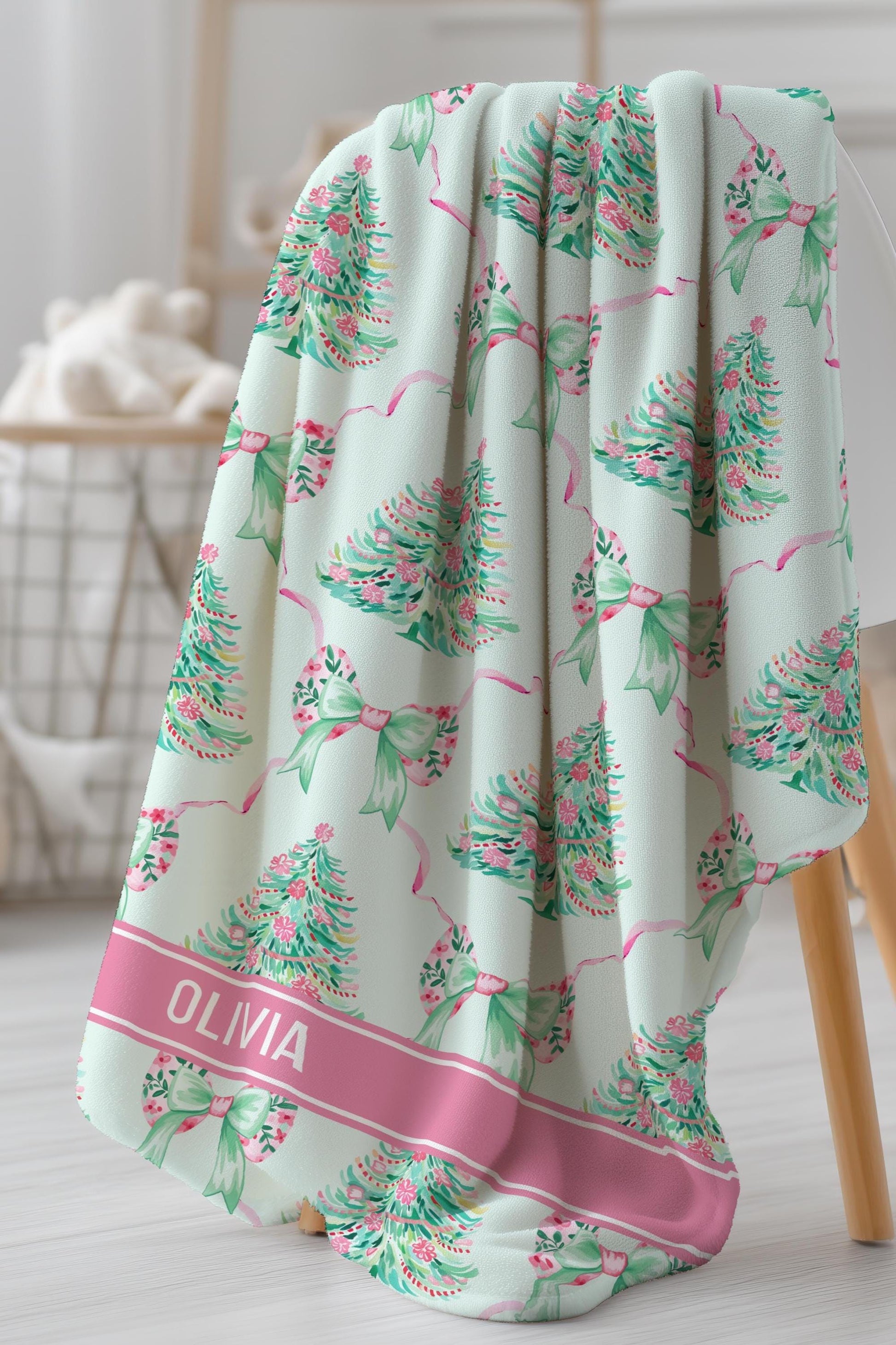 Preppy Christmas Girly Blanket Holiday Mint Pink Minky Blanket Personalized Pink Festive Home Decor Preppy Bow Christmas Sherpa Blanket - LAUMIANstudio
