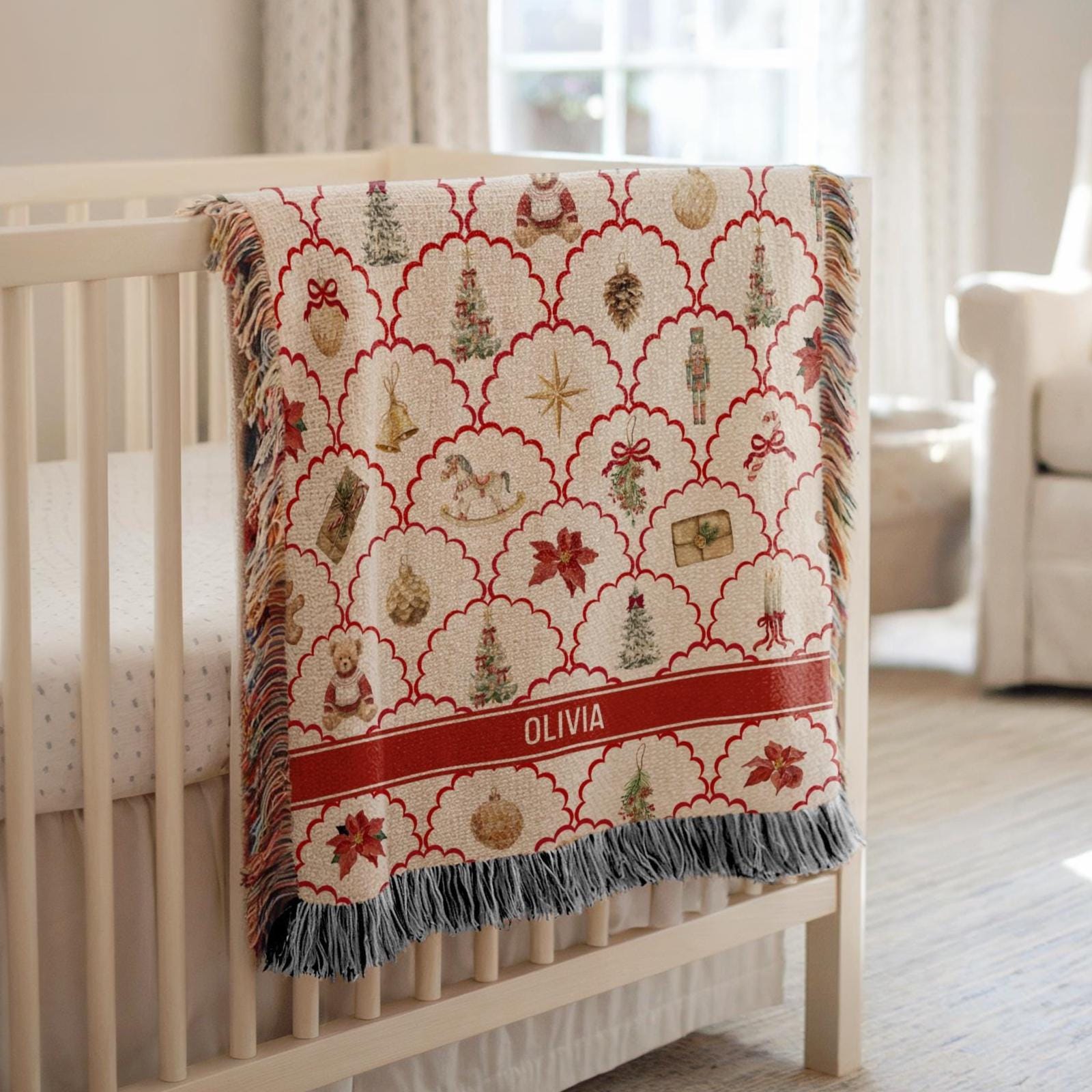 Vintage Christmas Woven Blanket Classic Christmas Throw Personalized Christmas Family Name Throw Blanket Kid 1st Christmas Baby Blanket - LAUMIANstudio