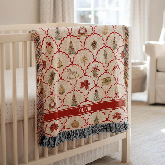 Vintage Christmas Woven Blanket Classic Christmas Throw Personalized Christmas Family Name Throw Blanket Kid 1st Christmas Baby Blanket - LAUMIANstudio