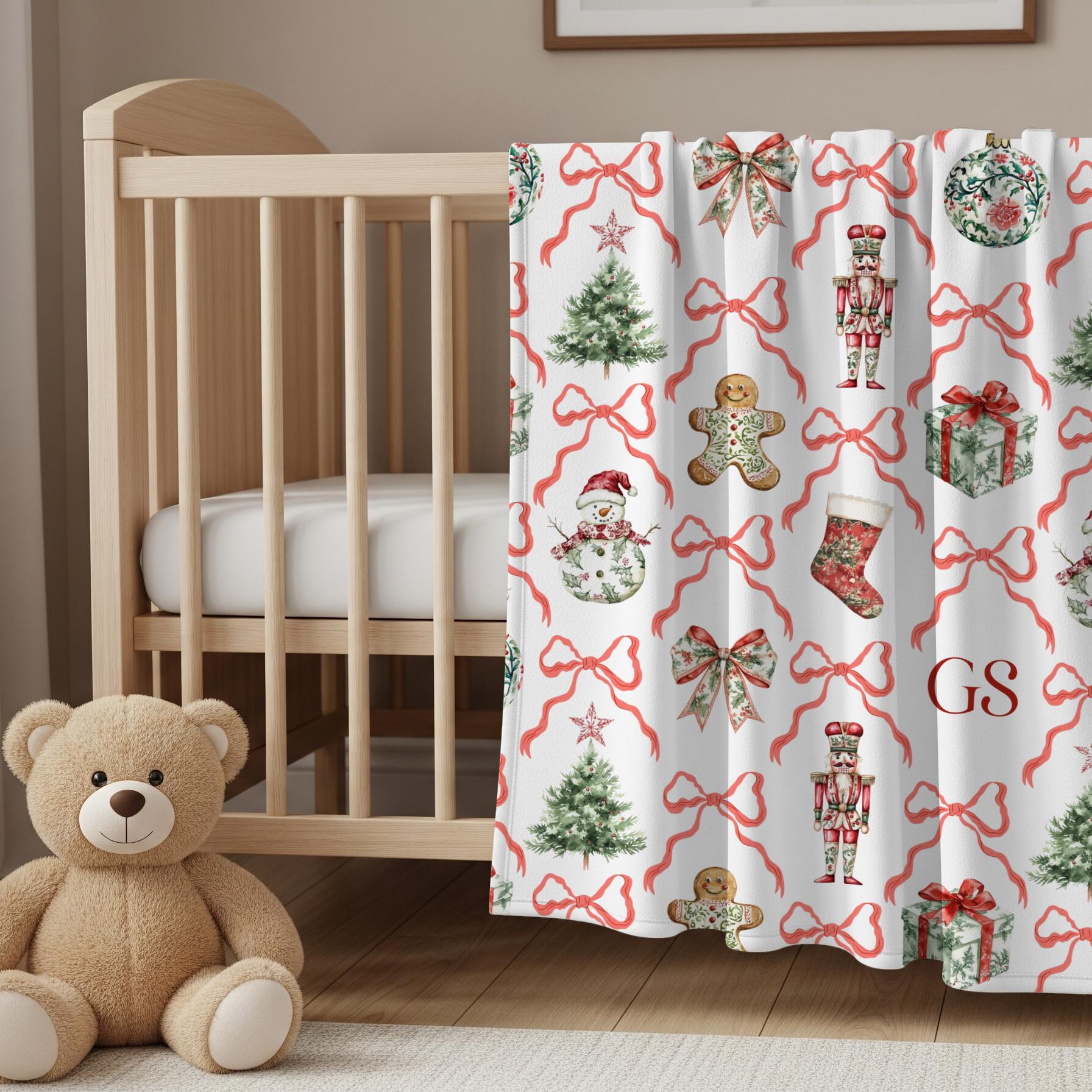 Custom Santa Baby Shower Blanket Red Bow Festive Throw Personalized Santa Baby Gift Idea Christmas Home Decor Red Holiday Throw Nutcracker - LAUMIANstudio