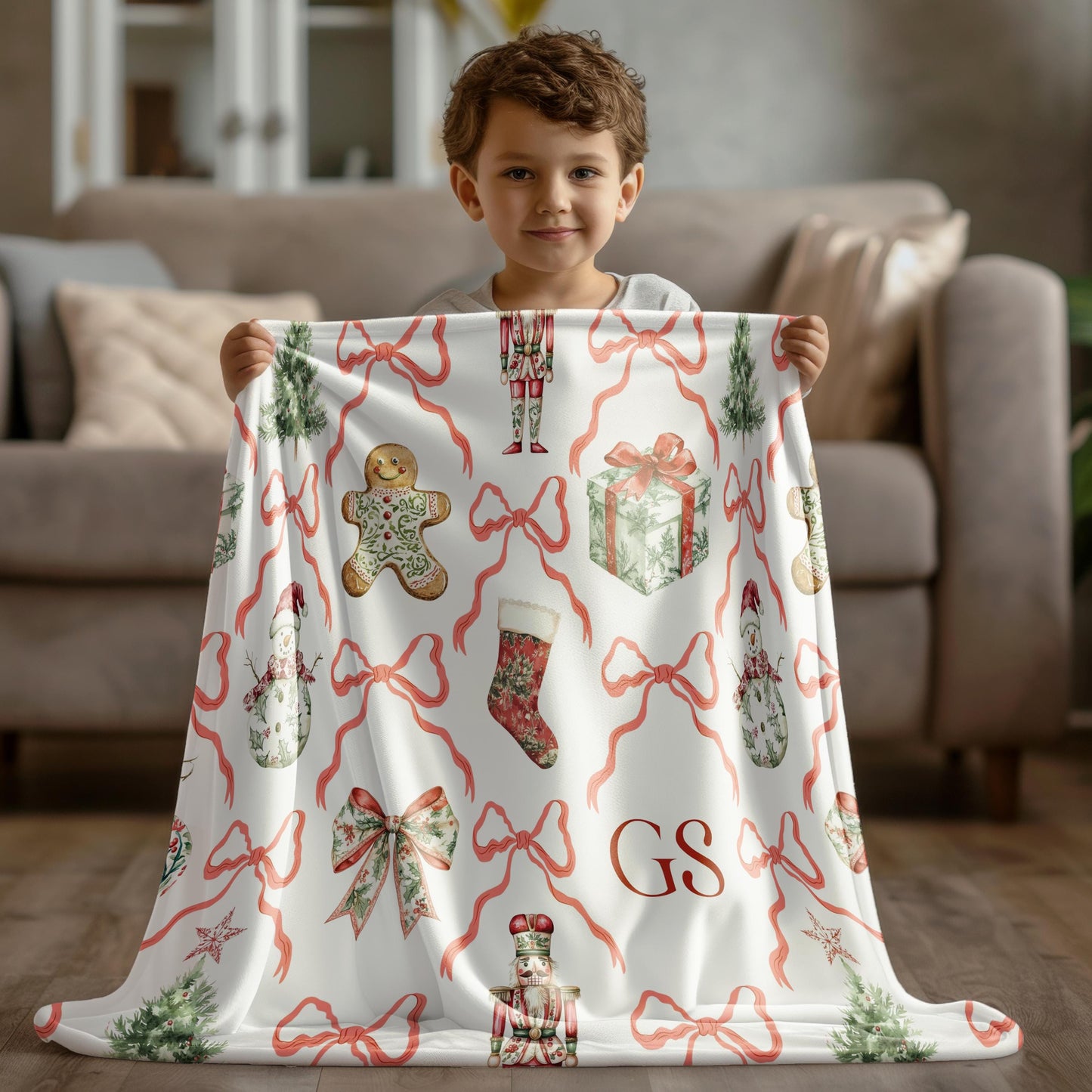 Personalized Christmas Woven Baby Blanket Festive Red Toile Throw Classic Santa Organic Blanket Gingerbread Man Baby Blanket Holiday Theme - LAUMIANstudio