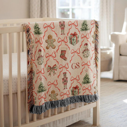 Personalized Christmas Woven Baby Blanket Festive Red Toile Throw Classic Santa Organic Blanket Gingerbread Man Baby Blanket Holiday Theme - LAUMIANstudio