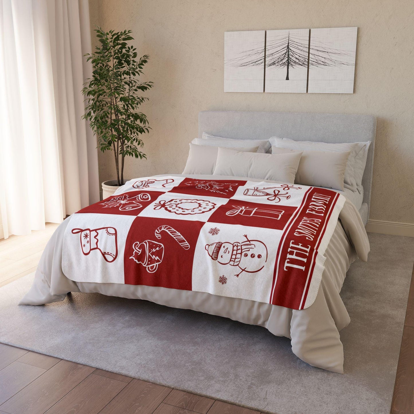 Christmas Red Checkered Woven Blanket with Family Name Holiday Throw Blanket Personalized Family Blanket Vintage Christmas Throw - LAUMIANstudio