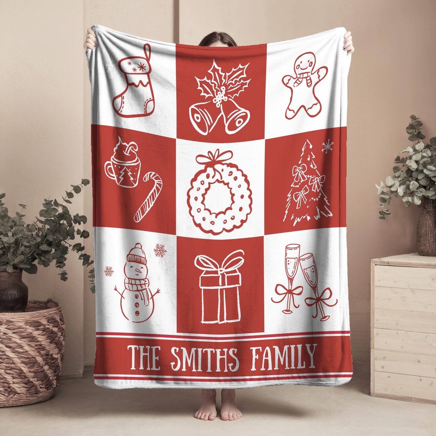 Christmas Red Checkered Woven Blanket with Family Name Holiday Throw Blanket Personalized Family Blanket Vintage Christmas Throw - LAUMIANstudio