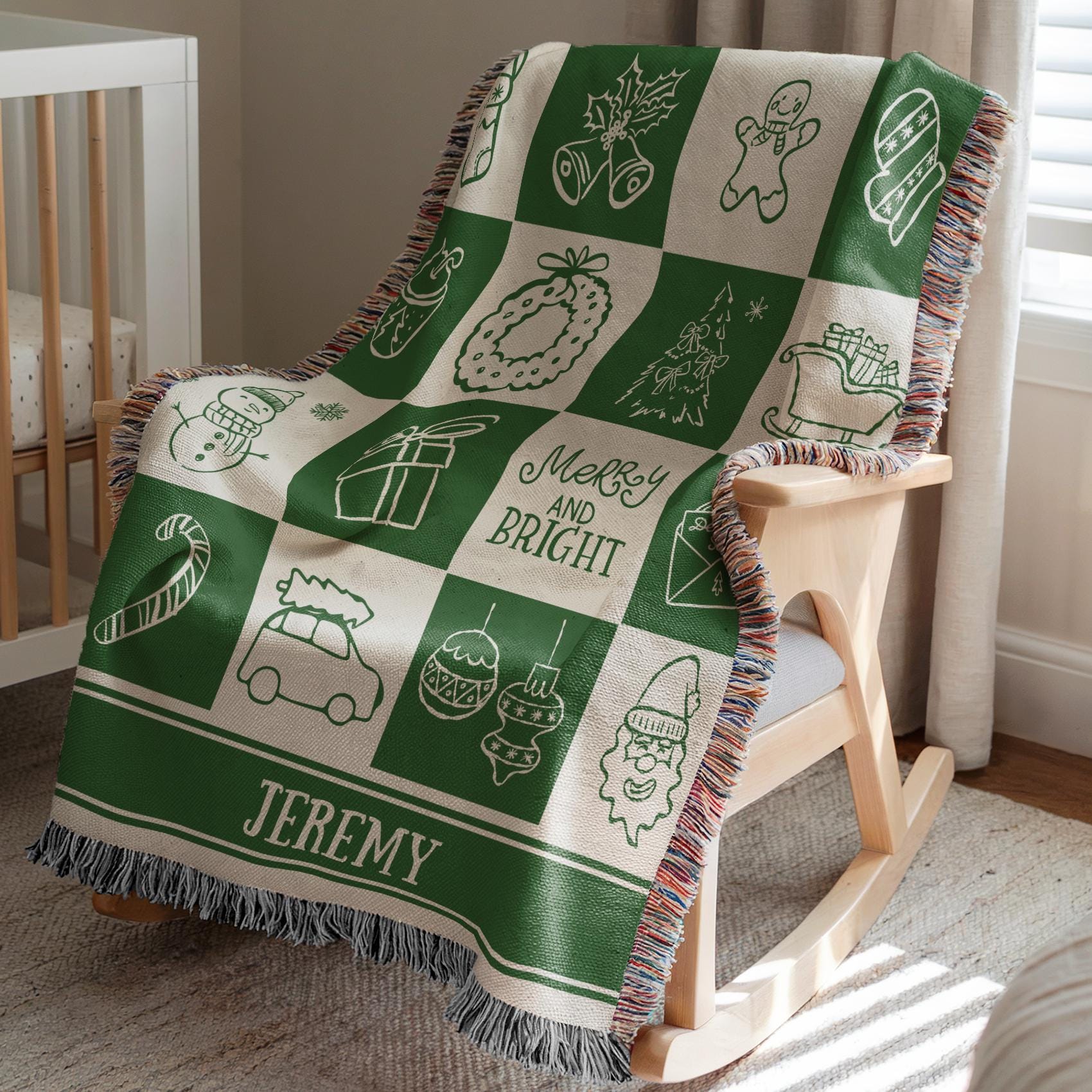 Green Christmas Name Blanket for Kid Holiday Blanket Gift for Grandson Festive Green Checkered Soft Throw Blanket Festive Kids Room Decor - LAUMIANstudio