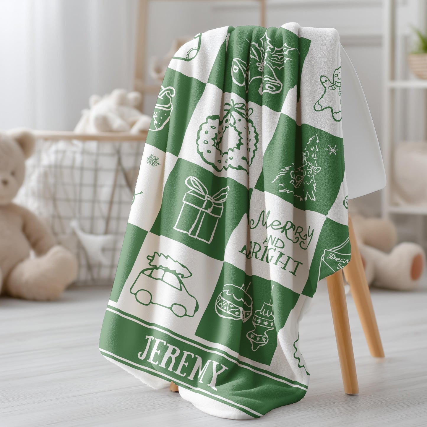 Green Christmas Name Blanket for Kid Holiday Blanket Gift for Grandson Festive Green Checkered Soft Throw Blanket Festive Kids Room Decor - LAUMIANstudio