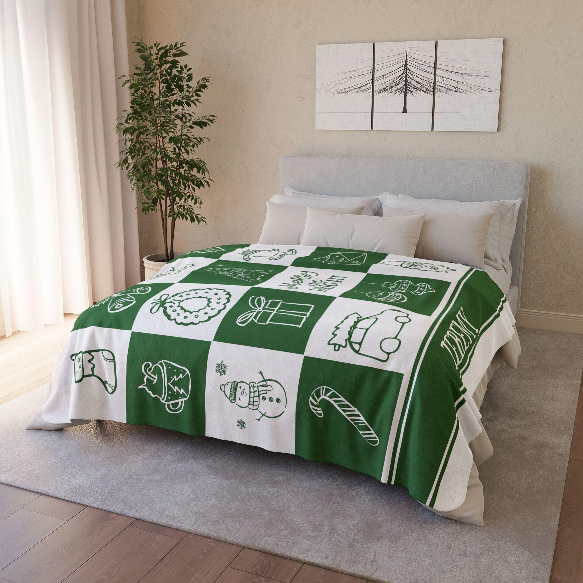 Green Christmas Name Blanket for Kid Holiday Blanket Gift for Grandson Festive Green Checkered Soft Throw Blanket Festive Kids Room Decor - LAUMIANstudio