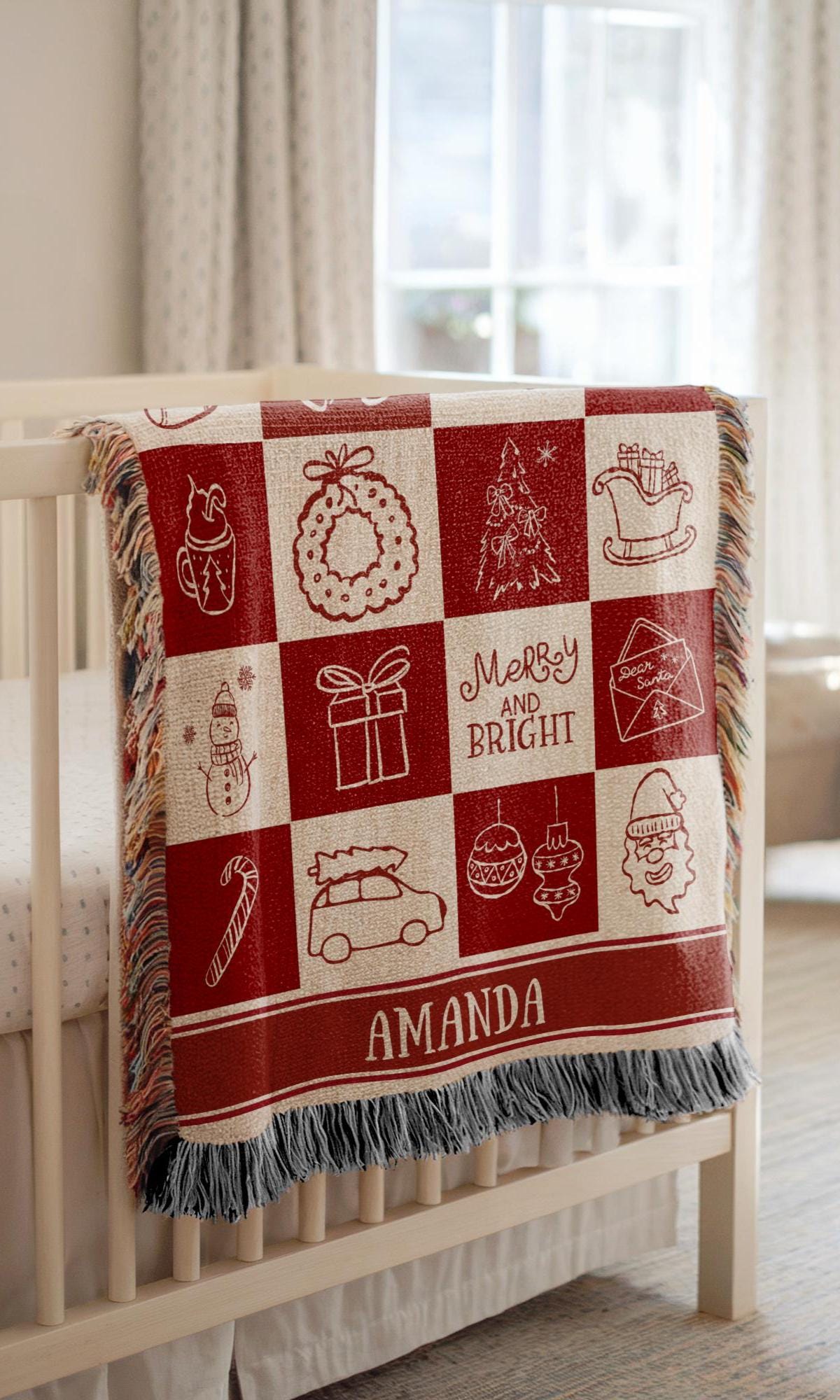 Personalized Christmas Blanket for Baby Holiday Blanket Gift for Kid Festive Red Checkered Woven Throw Blanket with Name - LAUMIANstudio