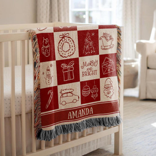 Personalized Christmas Blanket for Baby Holiday Blanket Gift for Kid Festive Red Checkered Woven Throw Blanket with Name - LAUMIANstudio